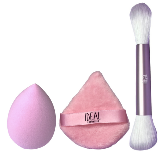 Kit Brocha Doble + Esponja + Puff